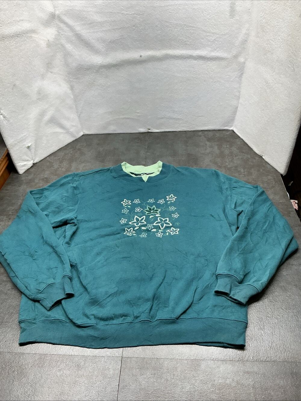 90s Decorated Originals Teal Sweatshirt with Floral Design Size Large 4486